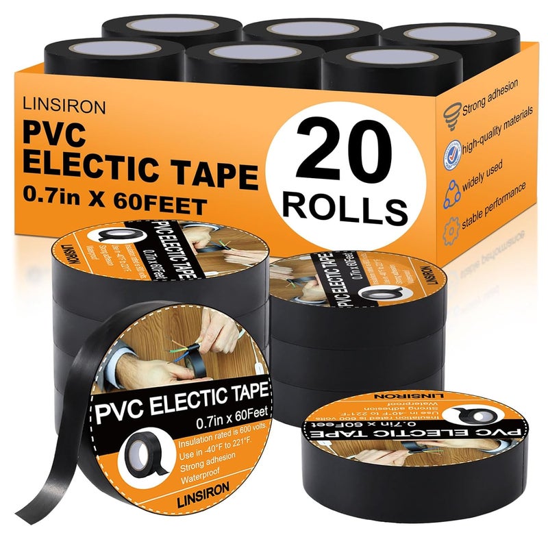 LINSIRON 20 Pack Black Electrical Tape Waterproof, 3/4In x 60Ft, Bulk Pvc High Temperature Electric Tape, Vinyl Wire Harness Insulating Tape for Home Outdoor Electrical, Repairs, Automotive, Equipment - Image 1